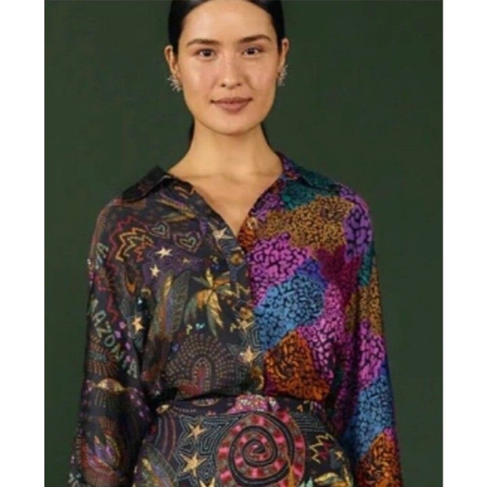 Farm Rio Mixed Black Prints Lenzing Ecovero Viscose Button Shirt In Multi Size L